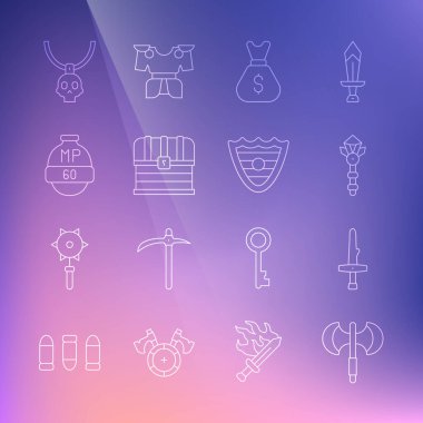 Orta Çağ kutup baltası, Hançer, Sihirli değnek, Eski Para Çantası, Sandık, Video oyunu barı, Kolye tılsımı ve Shield ikonu. Vektör