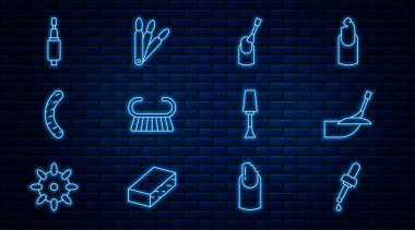 Pipette 'i yağ, manikür, manikür, pedikür fırçası ya da rendeleyici, dosya, oje ve sahte tırnak yontma ikonu ile sıraya sokun. Vektör