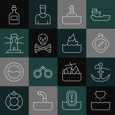 Güneş, Çapa, Pusula, yüzen şamandıra, çapraz kemikli Kafatası, Deniz feneri, rom şişesi ve Iceberg ikonu. Vektör