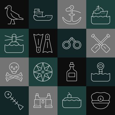 Kaptan şapkası, Periscope, Paddle, Anchor, Flippers yüzme, Deniz feneri, Kuş martı ve Dürbün ikonu. Vektör