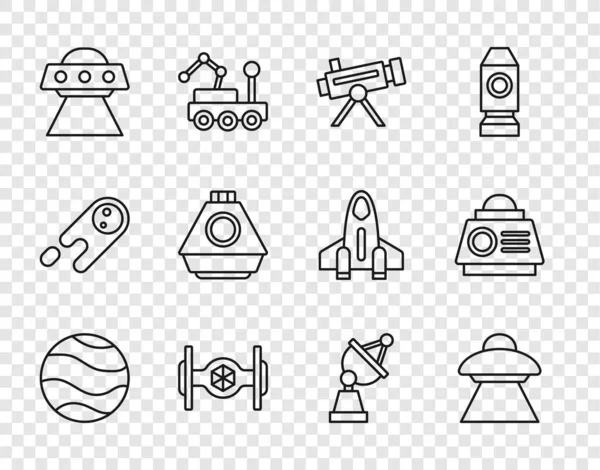 Set hattı Planet, UFO uçan uzay gemisi, Teleskop, kozmik, uzay kapsülü, uydu anteni ve simgesi. Vektör — Stok Vektör