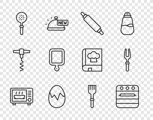 Set line Magnetron, Bakoven, Rolling pin, Broken egg, Spatel, Cutting board, Vork en Barbecue vork icoon. Vector — Stockvector