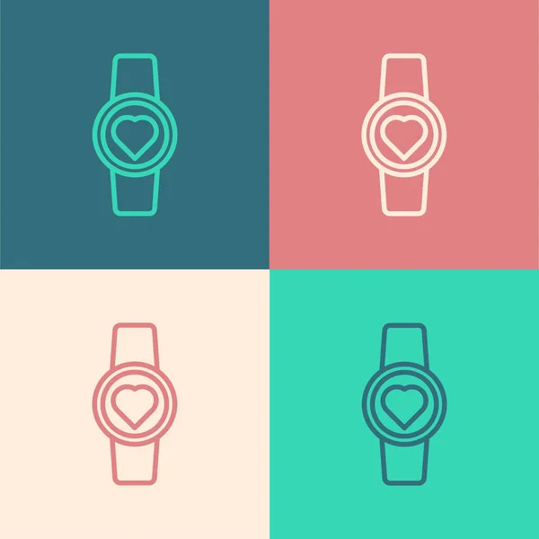 Pop art line Chytré hodinky zobrazující ikonu tepové frekvence izolované na barevném pozadí. Koncept Fitness App. Vektorová ilustrace — Stockový vektor