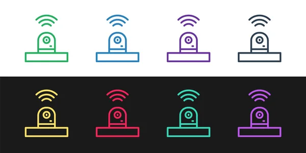 Setzen Sie die Zeile Smart Überwachungskamera Symbol isoliert auf schwarz-weißem Hintergrund. Konzept Internet der Dinge mit drahtloser Verbindung. Vektor — Stockvektor