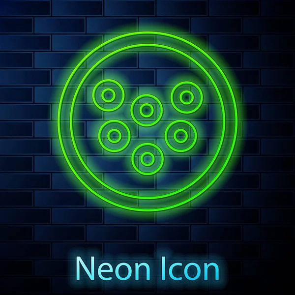 Glödande neon linje kaviar på en platta ikon isolerad på tegelvägg bakgrund. Vektor. — Stock vektor