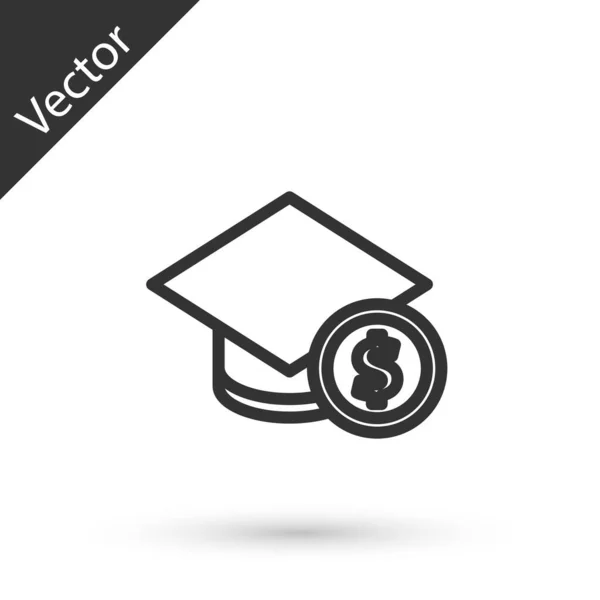 Línea gris Tapa de graduación e icono de moneda aislados sobre fondo blanco. Educación y dinero. Concepto de costo de beca o préstamo, matrícula o cuota de estudio. Vector. — Archivo Imágenes Vectoriales