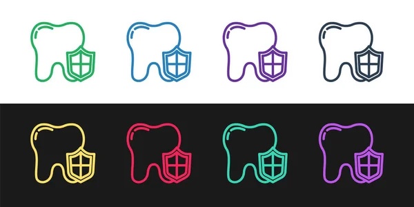 Set line Icono de protección dental aislado sobre fondo blanco y negro. Diente con logo de escudo. Vector — Vector de stock