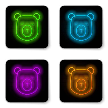 Parlayan neon hattı. Ayı başı simgesi beyaz arkaplanda izole edildi. Siyah kare düğme. Vektör