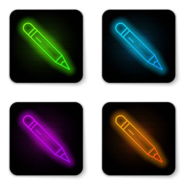 Beyaz arkaplanda silgi simgesi izole edilmiş parlak neon çizgisi kalem. Çizim ve eğitim araçları. Okul sembolü. Siyah kare düğme. Vektör