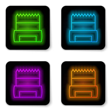 Glowing neon line Hygienic dog bag with poop icon isolated on white background. Dog shit in bag. Cleaning the park after walking pets concept. Black square button. Vector
