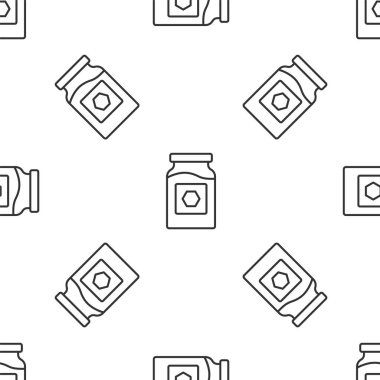 Bal simgesinin gri çizgi kavanozu beyaz arka planda izole edilmiş pürüzsüz desen. Yiyecek bankası. Tatlı doğal gıda sembolü. Vektör