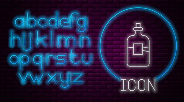 Glowing neon line Glass bottle of vodka icon isolated on brick wall background. Neon light alphabet. Vector — Stock Vector