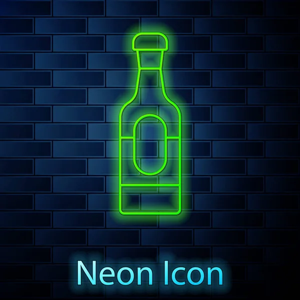 Gloeiende neon lijn Wijn fles pictogram geïsoleerd op baksteen muur achtergrond. Vector — Stockvector