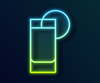 Siyah arka planda izole edilmiş limon ikonu olan parlak neon çizgili tekila camı. Meksika alkolü. Vektör