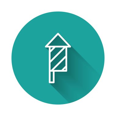 Beyaz çizgi havai fişek ikonu uzun gölge arkaplanı ile izole edildi. Eğlence partisi anlayışı. Patlayıcı havai fişek sembolü. Yeşil daire düğmesi. Vektör