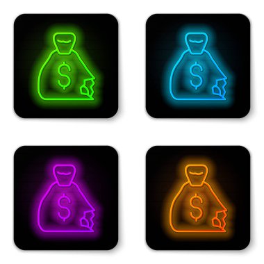 Parlayan neon hattı Para Çantası simgesi beyaz arkaplanda izole edildi. Dolar ya da USD sembolü. Nakit bankacılık tabelası. Siyah kare düğme. Vektör