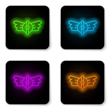 Parlayan neon hattı havacılık amblem simgesi beyaz arkaplanda izole edildi. Askeri ve sivil havacılık simgeleri. Uçan amblem, kartal kanadı ve kanatlı çerçeve. Siyah kare düğme. Vektör