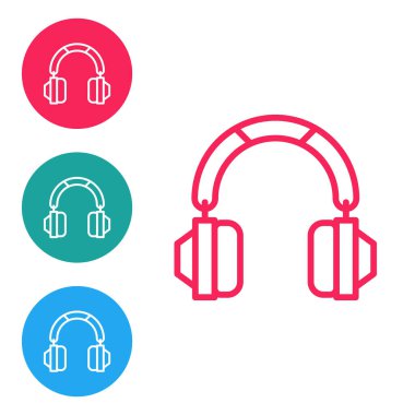 Kırmızı çizgi kulaklık simgesi beyaz arkaplanda izole edildi. Kulaklıklar. Müzik, hizmet, iletişim ve operatör konsepti. Simgeleri daire düğmelerine ayır. Vektör