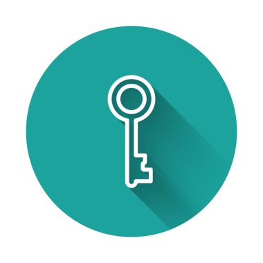 Beyaz çizgi Eski anahtar simgesi uzun gölge arkaplan izole. Yeşil daire düğmesi. Vektör