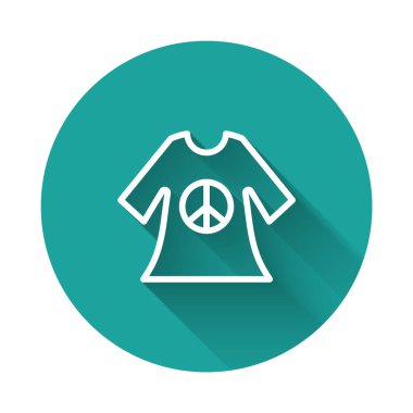 Beyaz çizgi barış sembolü iz simgesi uzun gölge arkaplan izole edilmiş. Yeşil daire düğmesi. Vektör