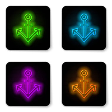 Parlayan neon hattı Anchor simgesi beyaz arkaplanda izole edildi. Siyah kare düğme. Vektör