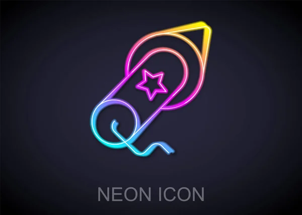 Ragyogó neon vonal Tűzijáték ikon elszigetelt fekete háttérrel. A buli koncepciója. Robbanásveszélyes pirotechnikai szimbólum. Vektor — Stock Vector