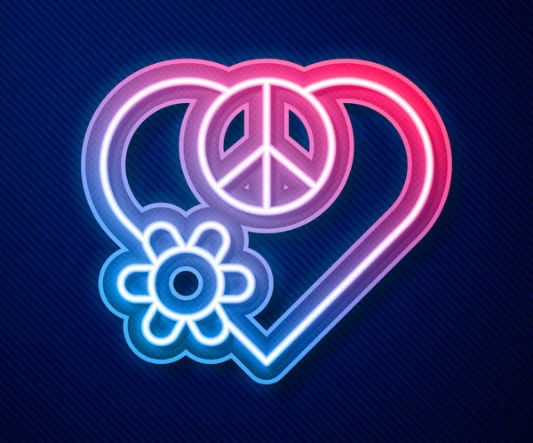 ネオンラインの輝き青の背景に隔離された愛の平和アイコン。平和のヒッピーシンボル。ベクトル — ストックベクタ