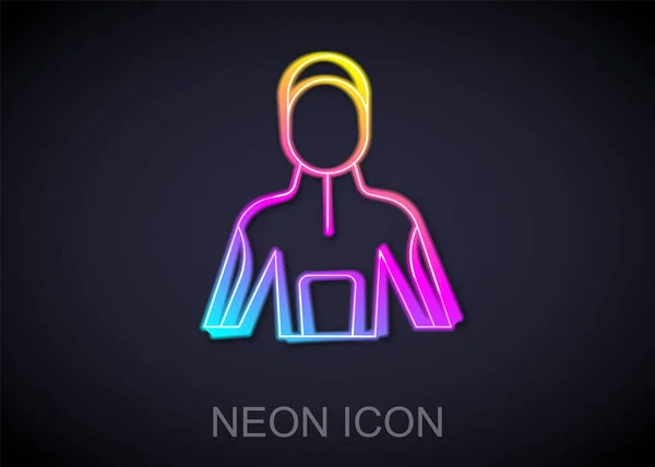 Glowing neon line Wetsuit for scuba diving icon isolated on black background. Diving underwater equipment. Vector — Stock Vector