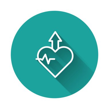 Beyaz çizgi kalp atışı yükseltme simgesi uzun gölge arkaplan izole. Kalp atışları hızlandı. Yeşil daire düğmesi. Vektör