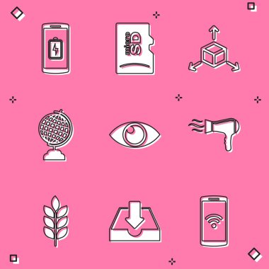 Akıllı telefon şarjı, Micro SD hafıza kartı, Isometric küp, Dünya küresi, Göz ve Saç kurutma ikonu ayarla. Vektör