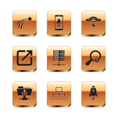 Düşen yıldız, FTP dizini indirme, Bilgisayar ağı, Sunucu, Veri, Web Sunucusu, Yeni Pencere Aç ve UFO inek simgesini kaçırır. Vektör