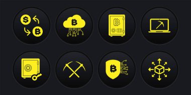 Kazık, kazma, dizüstü ve kazma, çapraz, kalkan bitcoin ve kripto para bulut madenciliği ikonu ile kazık kanıtını ayarla. Vektör