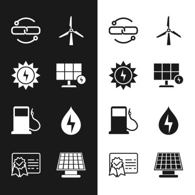 Güneş enerjisi paneli, zincir hattı, rüzgar türbini, benzin istasyonu, su ve sertifika şablon simgesini ayarlayın. Vektör