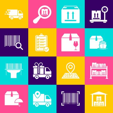 Depo, kutulu kargo gemisi, karton trafiği teslimat listesinin doğrulanması, arama barkodu, nakliye kamyonu hareketli ve kırılgan içerik simgesi. Vektör