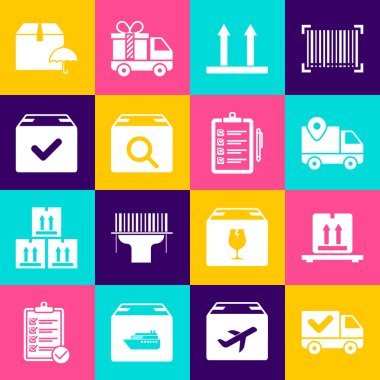 Teslimat kamyonunu işaretli, karton kutuları paletin üzerinde, izleme, bu tarafı yukarıda, arama paketi, paket, şemsiye ve teslimat listesi simgesinin doğrulanması ile ayarlayın. Vektör