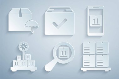 Arama paketini ayarla, uygulama izleme özellikli mobil, karton kutu, palette karton kutular, Paket kontrol işareti ve Teslimat şemsiye simgesi. Vektör