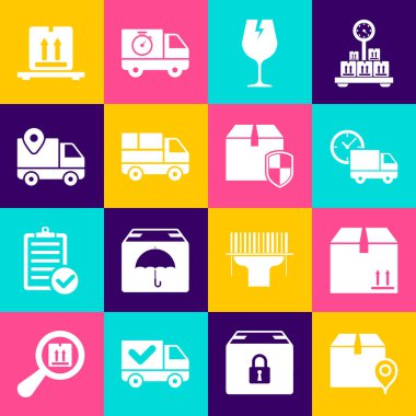 Konumu karton kutu, karton trafik, teslimat kamyonu ve saat, kırılgan cam, kutular, izleme, palet ve güvenlik kalkanı simgesi ile ayarlayın. Vektör