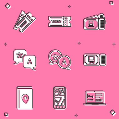 Bilet, tren bileti, çevirmen, otobüs, kapak kitabı seyahat rehberi ve şehir haritası simgesi bilgileri. Vektör