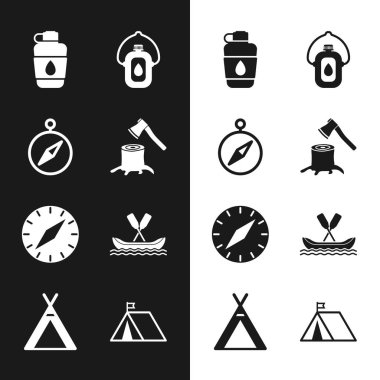 Tahta baltayı kütüğe, pusulaya, su şişesine, rafting teknesine, bayrak ve ikonlu turist çadırına yerleştir. Vektör