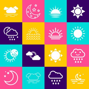 Ay ve yıldızlar, yağmurlu bulut, güneş, gün batımı, ay ve ikon. Vektör