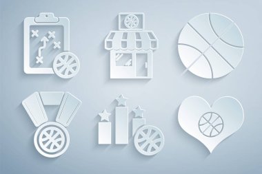 Set Spor ödüllü podyum, basketbol topu, madalya, basketbol, dükkan ve planlama stratejisi ikonu Heart. Vektör