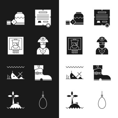 Kaptan Korsan, Aranan poster, zar, ferman, parşömen, parşömen, parşömen, batık gemi, deri botlar, darağacı halatı asılı ve Tropikal ada okyanus ikonu. Vektör