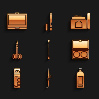 Kulak için pamuk çubuğu, saç maşası, şampuan şişesi aynalı makyaj tozu tıraş jeli köpüğü, makas, krem kozmetik tüp ve ikon hazırlayın. Vektör