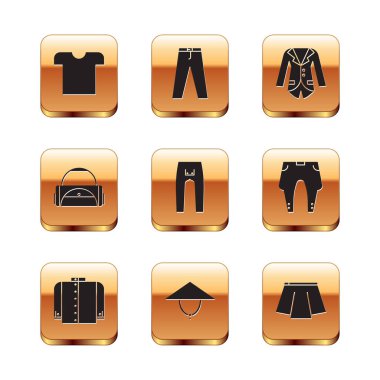 Set tişörtü, Asya konik şapkası, pantolon, spor çanta, Blazer ceket, etek ve ikon. Vektör