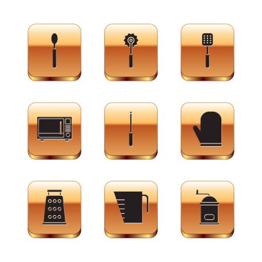 Kaşık, Öğütücü, Ölçme kabı, Bıçak bileyicisi, Mikrodalga fırın, Spatula, El yapımı kahve öğütücü ve Pizza bıçağı ikonu. Vektör