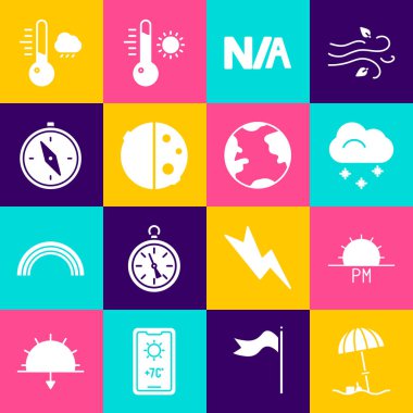 Plaj, Günbatımı, Karlı Bulut, Uygulanamaz Güneş tutulması, Pusula, Meteoroloji Termometresi ve Dünya küre simgesi için Güneş koruyucu şemsiyeyi ayarla. Vektör