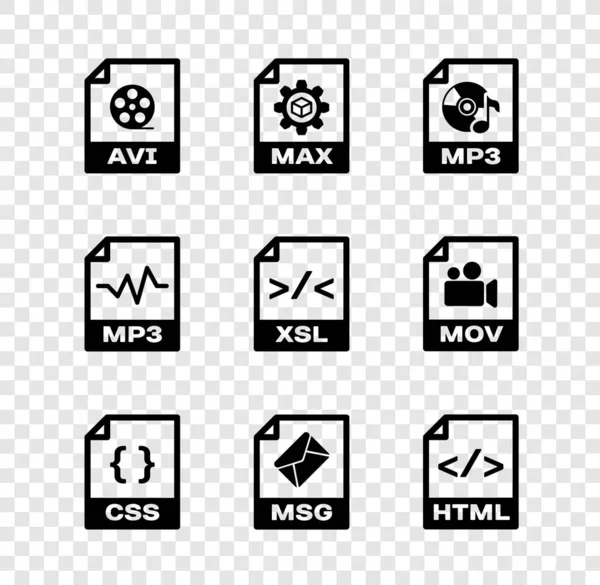 Definir documento de arquivo AVI, MAX, MP3, CSS, MSG e ícone HTML. Vetor — Vetor de Stock