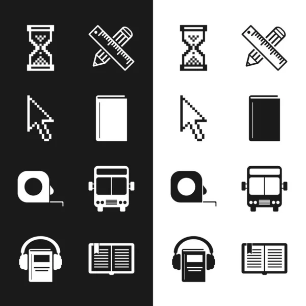 Set Book, Pixel arrow 커서 , Hourglass pixel, 교차 된 자와 연필 , Roulette 구성 , Bus, Open book and Audio icon. Vector — 스톡 벡터