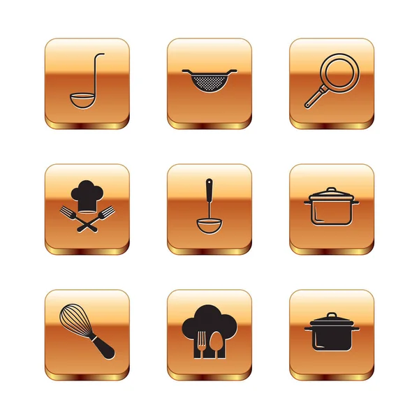 Set Cuchara de cocina, batidor, sombrero de chef con tenedor y cuchara, sartén, olla de cocina e icono de colador. Vector — Vector de stock