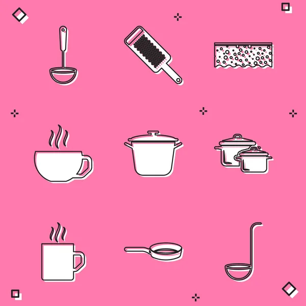 Set Küchenkelle, Reibe, Schwamm mit Blasen, Kaffeetasse, Kochtopf und Pfannensymbol. Vektor — Stockvektor